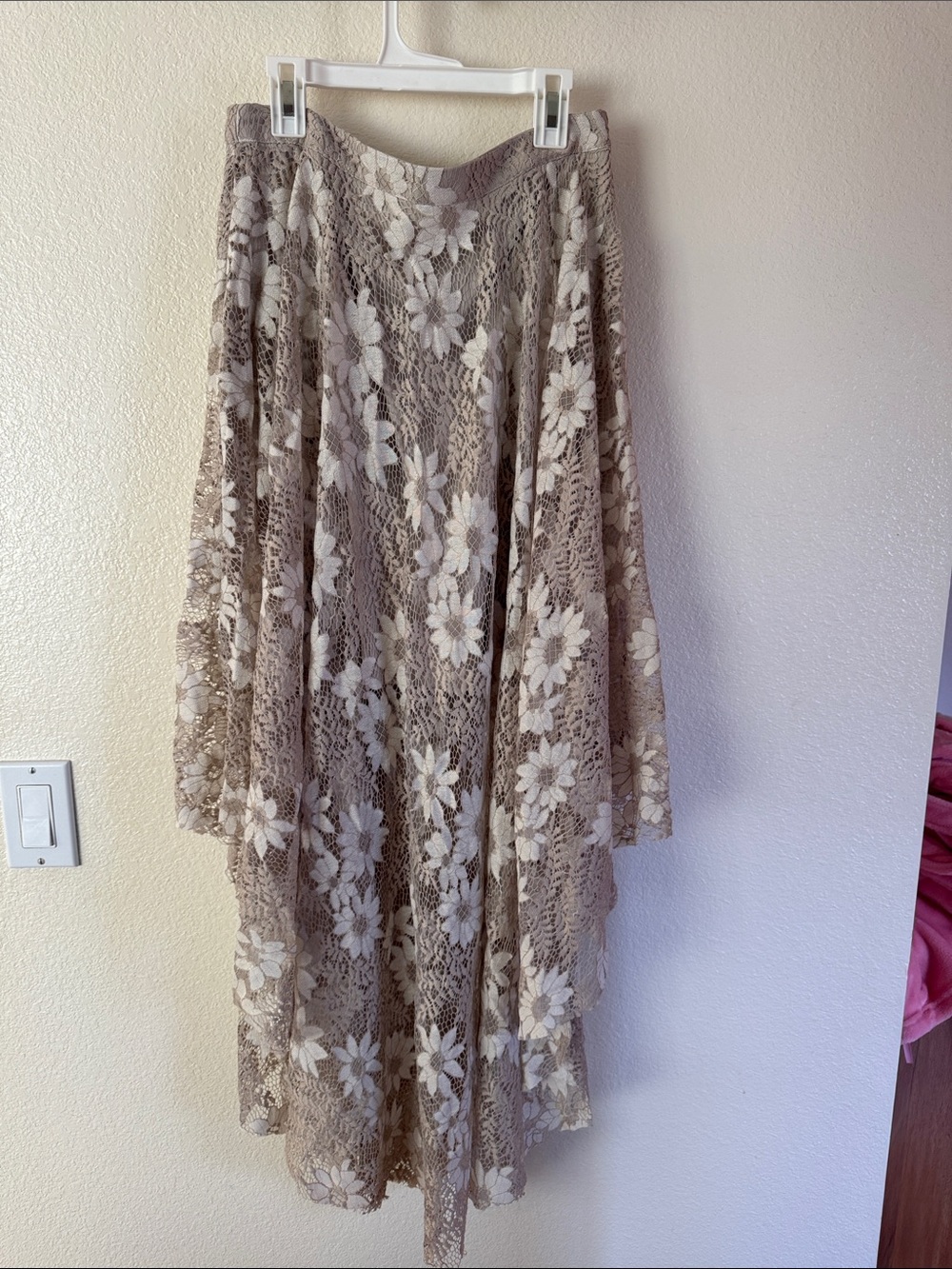 Joyfolie Taupe Crochet Maxi Skirt with Cream Floral Overlay